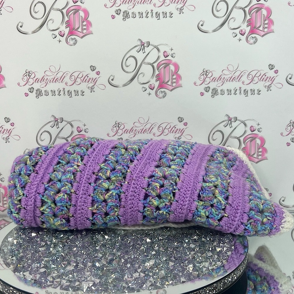 Blanket knit crochet cotton candy color Purple and Multicolor Crochet